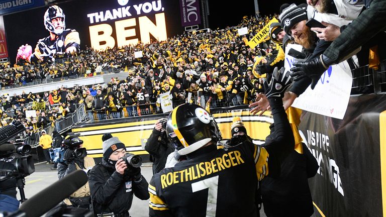 Pittsburgh Steelers quarterback Ben Roethlisberger (7) greets fans after an NFL football game against the Cleveland Browns, Monday, Jan. 3, 2022, in Pittsburgh. The Steelers won 26-14.