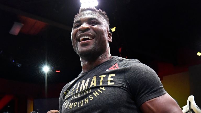 LAS VEGAS, NEVADA - MARCH 27: Francis Ngannou of Cameroon reacts after his victory over Stipe Miocic in their UFC heavyweight championship fight during the UFC 260 event at UFC APEX on March 27, 2021 in Las Vegas, Nevada. (Photo by Jeff Bottari/Zuffa LLC)