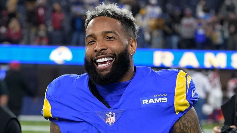 Los Angeles Rams wide receiver Odell Beckham Jr. (3) smiles after the Rams defeated the Arizona Cardinals in an NFL wild-card playoff football game in Inglewood, Calif., Monday, Jan. 17, 2022. (AP Photo/Marcio Jose Sanchez)
