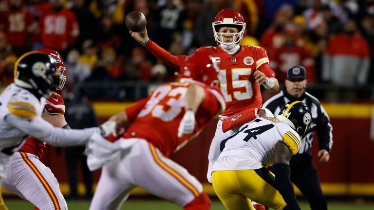 Kansas City Chiefs quarterback Patrick Mahomes throws a pass during the first half of an NFL wild-card playoff football game against the Pittsburgh Steelers