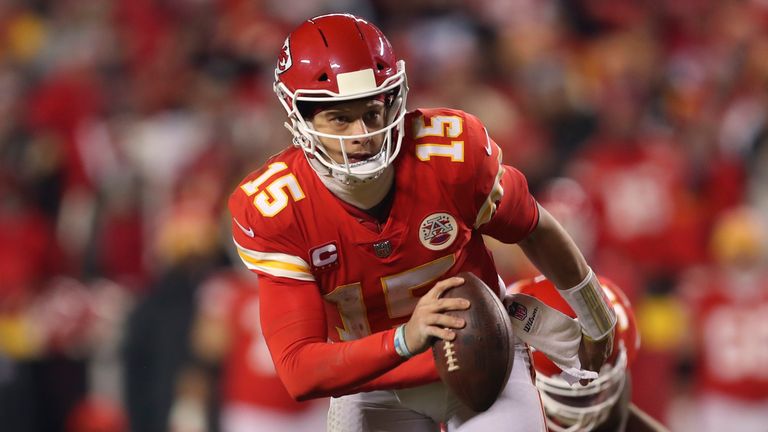 Kansas City Chiefs quarterback Patrick Mahomes scrambles up field during the second half of an NFL wild-card playoff football game against the Pittsburgh Steelers