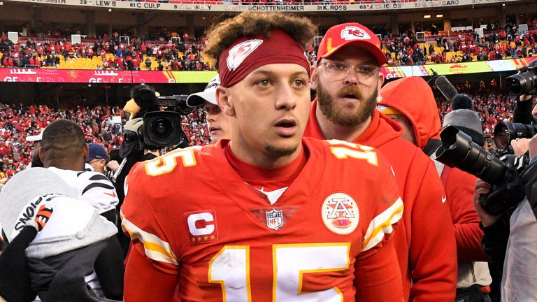 Kansas City Chiefs quarterback Patrick Mahomes leaves the field after losing to the Cincinnati Bengals in the NFL AFC Championship football game, Sunday, Jan. 30, 2022 in Kansas City, Mo.. (AP Photos/Reed Hoffmann)      