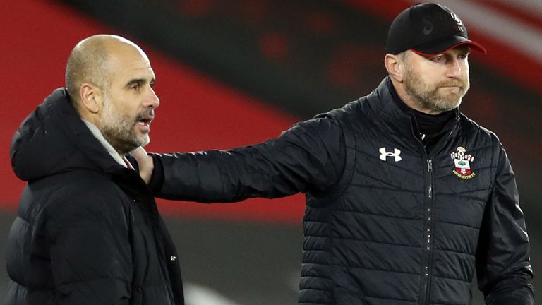 Southampton manager Ralph Hasenhuttl and Manchester City manager Pep Guardiola during the Premier League match at St Mary&#39;s Stadium, Southampton.
