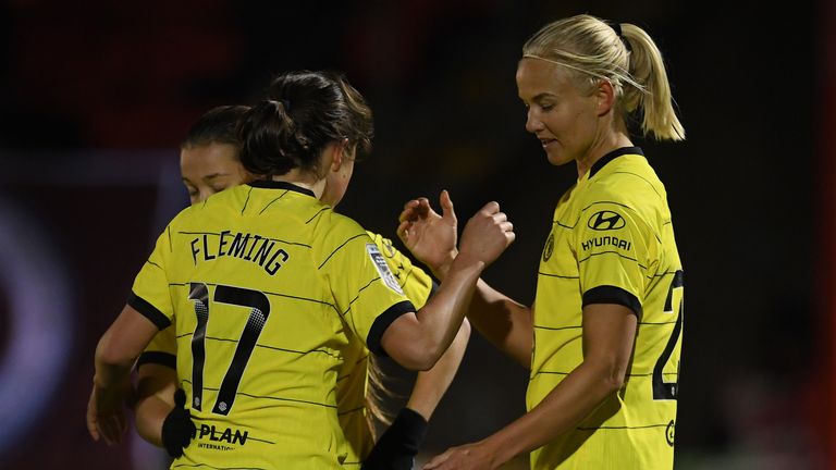 Pernille Harder celebrates with Chelsea team-mate Jessie Fleming