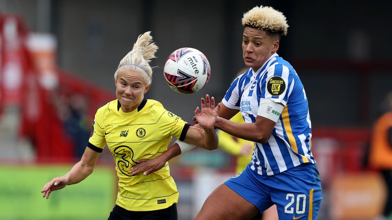 Chelsea's Pernille Harder in action with Brighton and Hove Albion's Victoria Williams