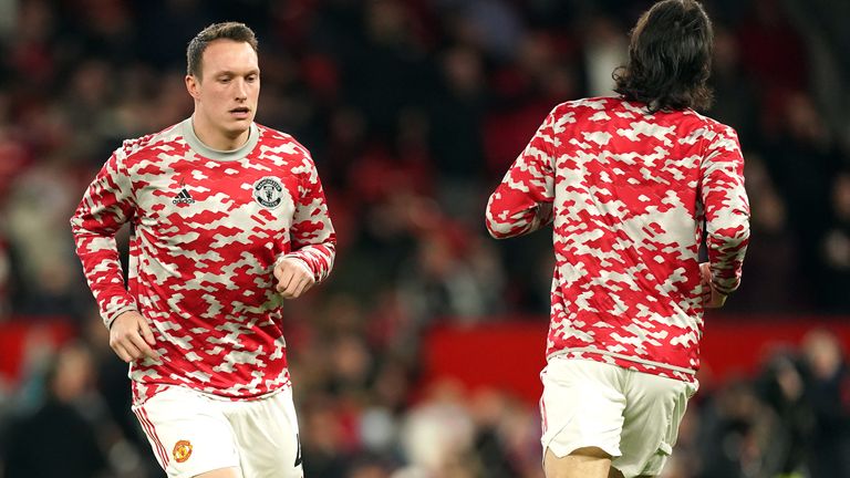 Phil Jones warms up ahead of his first appearance in two years for Manchester United