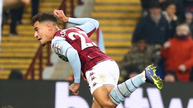 Philippe Coutinho equalises for Aston Villa after coming on as a second-half substitute
