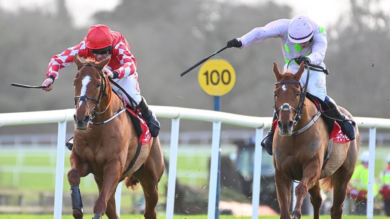 Pied Piper and Davy Russell (left) win the Join Tote.ie 3-Y-O Maiden Hurdle from Vauban