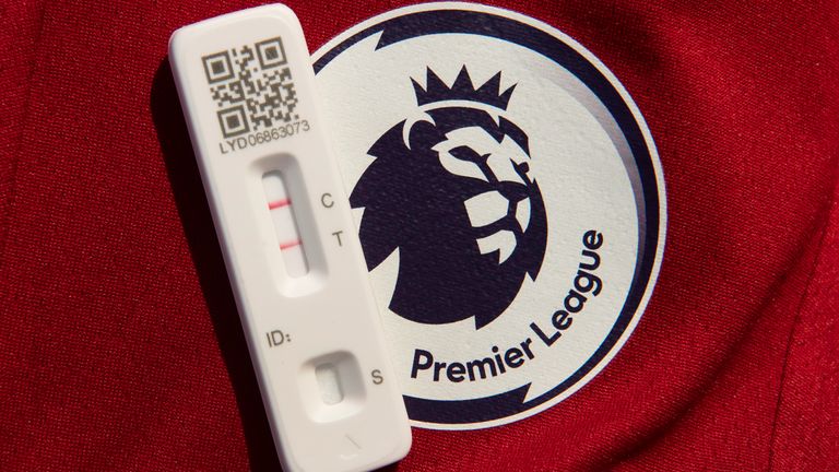 MANCHESTER, ENGLAND - DECEMBER 17: A positive lateral flow test for Covid 19 with the Premier League logo on December 17, 2021 in Manchester, United Kingdom. (Photo by Visionhaus/Getty Images)