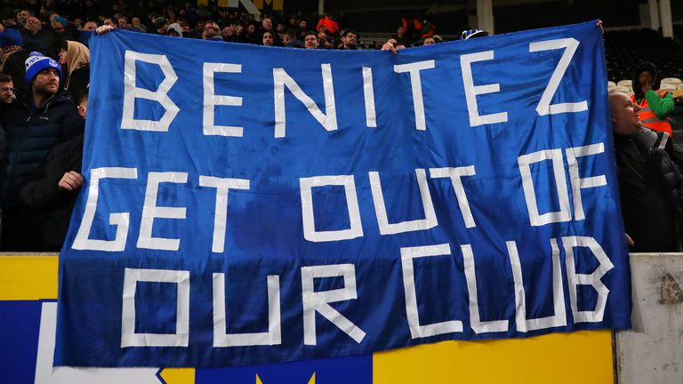 A group of Everton fans unveiled a banner reading 'Benitez get out of our club' in their narrow FA Cup third-round win at Hull City