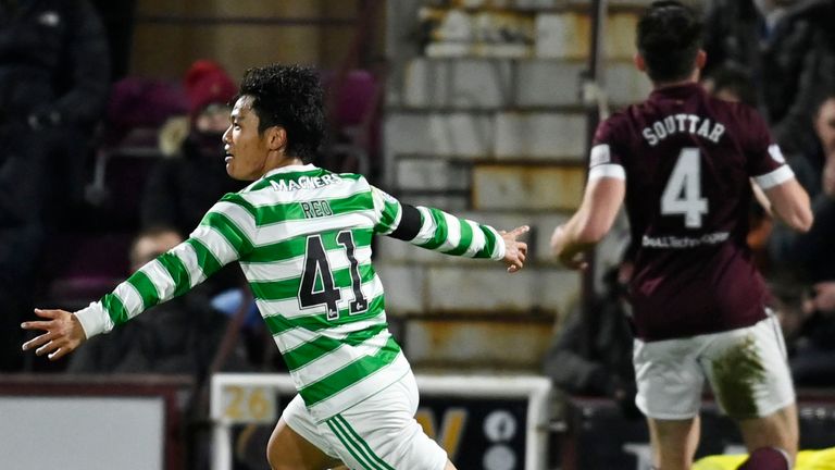 EDINBURGH, SCOTLAND - JANUARY 26: Celtic's Reo Hatate makes it 1-0 during a cinch Premiership match between Hearts and Celtic at Tynecastle Park , on January 26, 2022, in Edinburgh, Scotland. (Photo by Rob Casey / SNS Group)