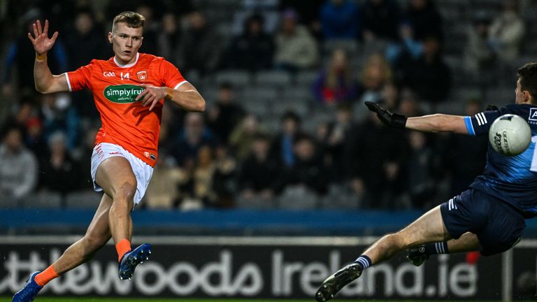 29 January 2022; Rian O'Neill shoots a 23rd minute goal for Armagh during the Allianz Football League Division 1 match between Dublin and Armagh at Croke Park in Dublin. Photo by Ray McManus/Sportsfile
