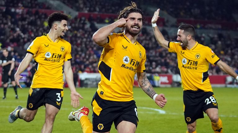 Ruben Neves and teammates celebrate after he puts Wolves back in front