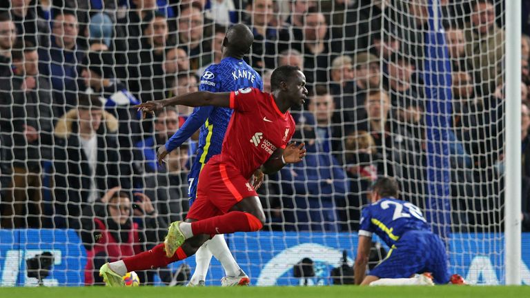 Sadio Mane celebrates the opening goal at Stamford Bridge
