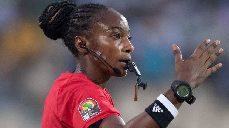 Salima Mukansanga of Rwanda in action as she becomes the first woman to referee a match at the finals of the Africa Cup of Nations during the Group B Africa Cup of Nations (CAN) 2021 match between Zimbabwe and Guinea at Stade Ahmadou Ahidjo in Yaounde on January 18, 2022. (Photo by Visionhaus/Getty Images)