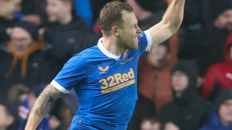 GLASGOW, SCOTLAND - JANUARY 26: Rangers' Scott Arfield celebrates making it 1-0 during a cinch Premiership match between Rangers and Livingston at Ibrox Stadium, on January 26, 2022, in Glasgow, Scotland. (Photo by Alan Harvey / SNS Group)