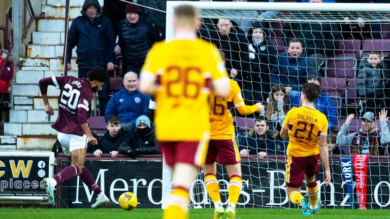 Ellis Simms scored his first Hearts goal in the win over Motherwell 