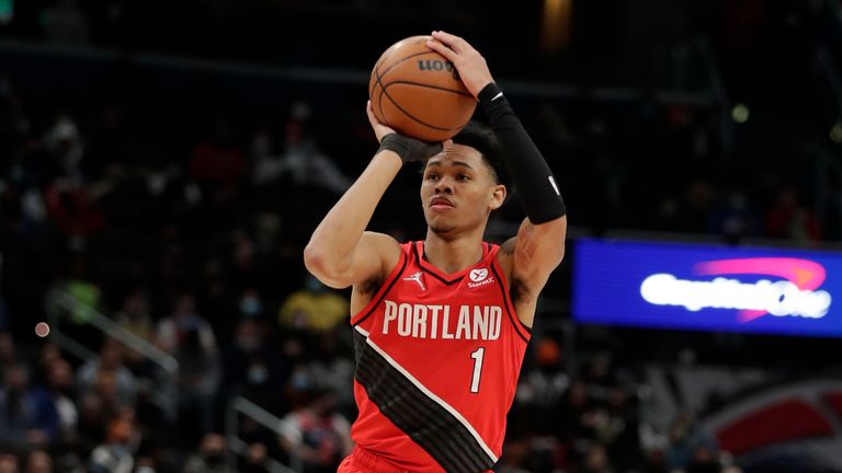 Portland Trail Blazers&#39; Anfernee Simons shoots during the second half of an NBA basketball game against the Washington Wizards, Saturday, Jan. 15, 2022, in Washington. 