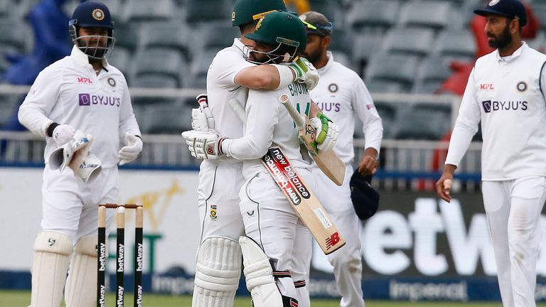 Elgar and Temba Bavuma celebrate after levelling the series against the tourists