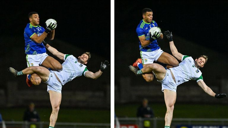 Okunbor catches the throw-in ahead of Darragh Tracey of Limerick during January's McGrath Cup clash