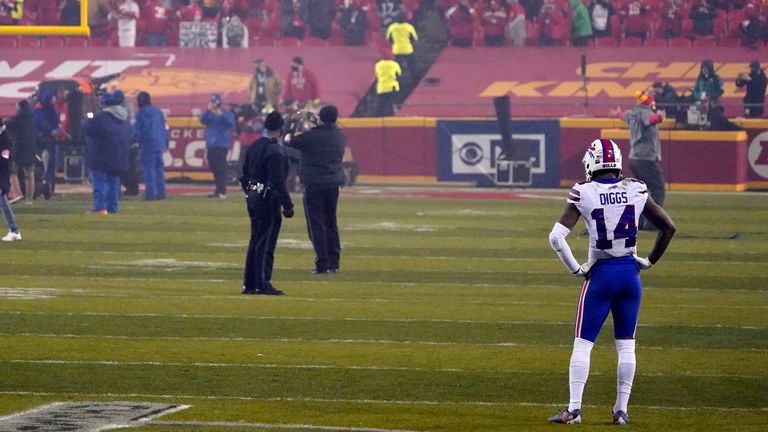 Buffalo Bills wide receiver Stefon Diggs stands on the field after the AFC championship NFL football game against the Kansas City Chiefs, Sunday, Jan. 24, 2021, in Kansas City, Mo. The Chiefs won 38-24. (AP Photo/Jeff Roberson)