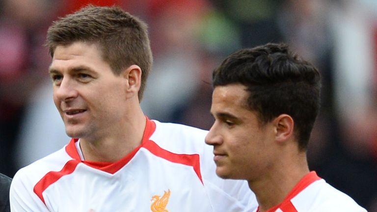  Steven Gerrard and Philippe Coutinho of Liverpool - Barclays Premier League - Manchester Utd vs Liverpool - Old Trafford Stadium - Manchester - England - 16th March 2014 - Pic Simon Bellis/Sportimage. (Cal Sport Media via AP Images)