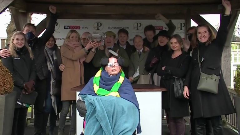 Stevie Fisher at the winner&#39;s podium at Plumpton with fellow owners of Mark Of Gold