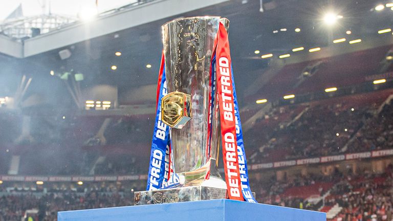 Picture by Allan McKenzie/SWpix.com - 09/10/2021 - Rugby League - Betfred Super League Grand Final - Catalans Dragons v St Helens - Old Trafford, Manchester, England - The brief, The Betfred Super League Trophy, branding.