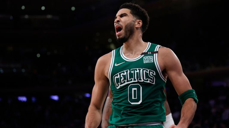 Boston Celtics forward Jayson Tatum reacts after being fouled during the second half of an NBA basketball game against the New York Knicks, Thursday, Jan. 6, 2022, in New York.