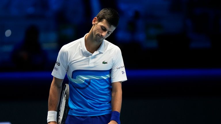 Novak Djokovic of Serbia reacts during his ATP World Tour Finals, singles semifinal, tennis match with Alexander Zverev of Germany, at the Pala Alpitour in Turin, Italy, Saturday, Nov. 20, 2021. (AP Photo/Luca Bruno)


