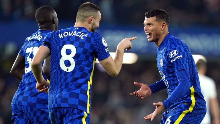 Thiago Silva (right) celebrates scoring Chelsea's second goal of the game with Malang Sarr (left) and Mateo Kovacic