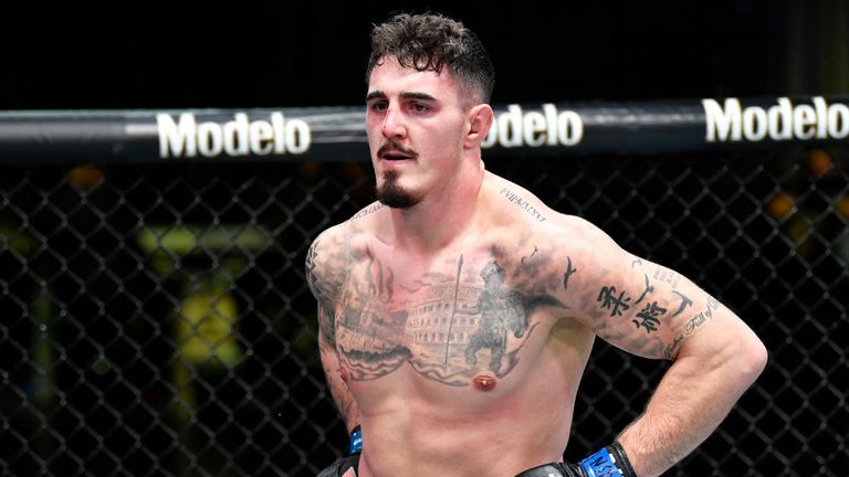 Tom Aspinall of England reacts after his submission victory over Andrei Arlovski of Belarus in a heavyweight bout during the UFC Fight Night event at UFC APEX on February 20, 2021 in Las Vegas, Nevada. (Photo by Chris Unger/Zuffa LLC)