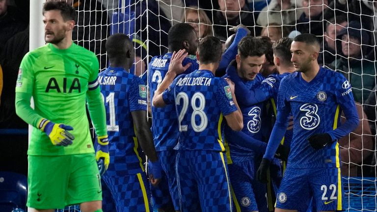 Chelsea&#39;s Kai Havertz celebrates with team-mates after scoring against Tottenham