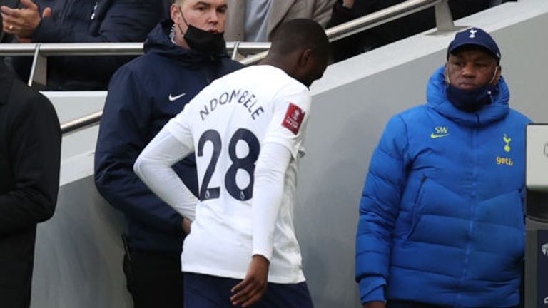 Tanguy Ndombele walks straight down the tunnel against Morecambe