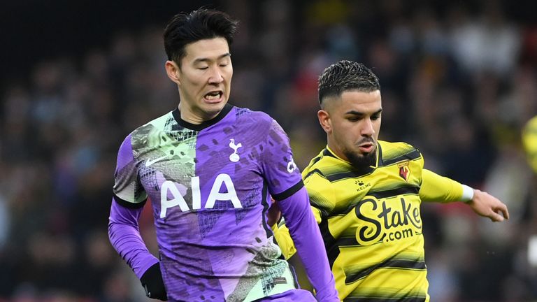 Tottenham's Heung-Min Son and Watford's Imran Louza battle for the ball 