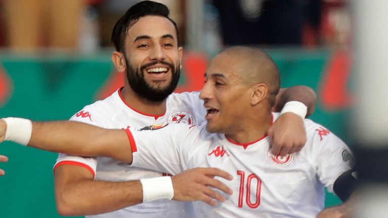 Wahbi Khazri celebrates after scoring his second goal for Tunisia against Mauritania - AP Photo-Sunday Alamba