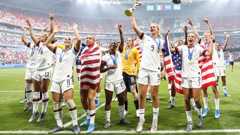 LYON, FRANCE - JULY 07: Players of USA celebrate after winning the 2019 FIFA Women&#39;s World Cup France Final match between The United State of America and The Netherlands at Stade de Lyon on July 07, 2019 in Lyon, France. (Photo by Zhizhao Wu/Getty Images)