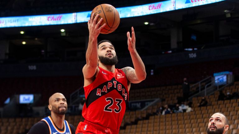 Toronto Raptors&#39; Fred VanVleet scores a basket against the New York Knicks