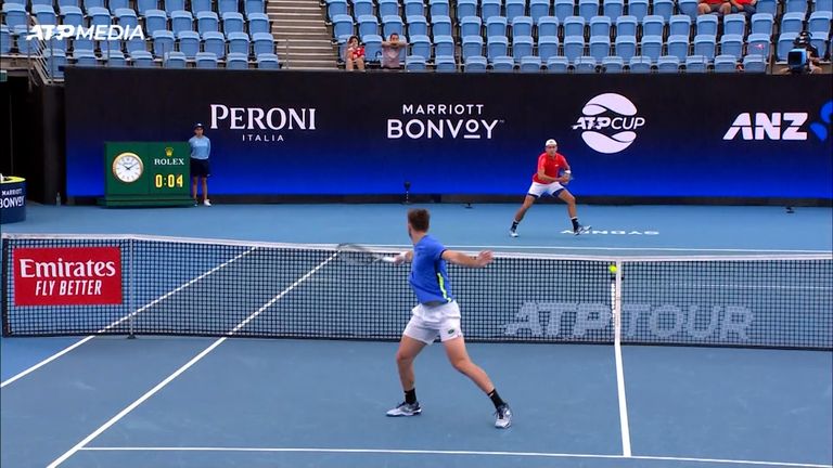 There was confusion during the ATP Cup match when Norway's Viktor Durasovic overhead volley went through the net against Chile's Alejandro Tabilo. 
