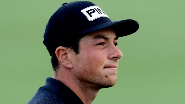 Viktor Hovland of Norway reacts on the 10th hole during the second round of the Abu Dhabi Championship golf tournament at the Yas Links Golf Course, in Abu Dhabi, United Arab Emirates, Friday, Jan. 21, 2022. (AP Photo/Kamran Jebreili)