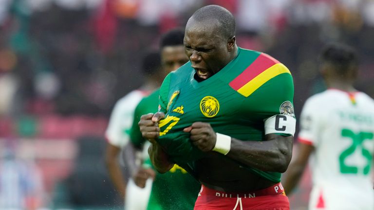 Cameroon captain Vincent Aboubakar celebrates his second goal to make it 2-1 against Burkina Faso (AP)