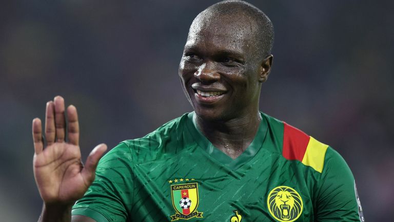 Cameroon's forward Vincent Aboubakar celebrates scoring his team's second goal during the Africa Cup of Nations (CAN) 2021 round of 16 football match between Cameroon and Comoros at Stade d'Olembe in Yaounde on January 24, 2022. (Photo by Kenzo Tribouillard / AFP) (Photo by KENZO TRIBOUILLARD/AFP via Getty Images)