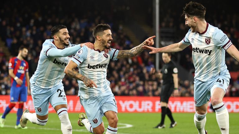 Manuel Lanzini celebrates with West Ham team-mates Said Benrahma and Declan Rice after scoring against Crystal Palace