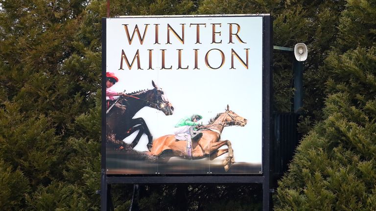 A general view of Winter Million signage on the course during day one of The Winter Million Festival at Lingfield Park 