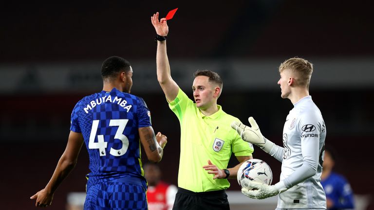 Chelsea&#39;s Xavier Muyamba was sent off after just 35 minutes at the Emirates Stadium