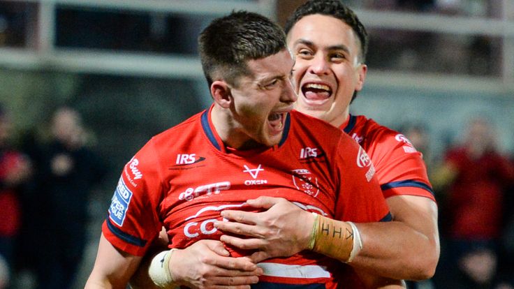 Picture by Will Palmer/SWpix.com - 25/02/2022 - Rugby League - Betfred Super League - Hull KR v Castleford Tigers - Hull College Craven Park, Hull, England - Sam Wood of Hull KR celebrates with Brad Takaiirangi after scoring a try against Castleford Tigers