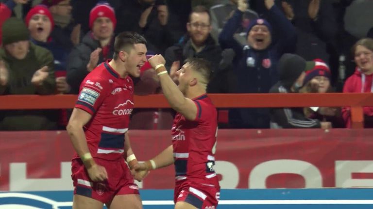 Sam Wood crosses the line just before half-time as Hull KR restore their lead against Castleford Tigers. 