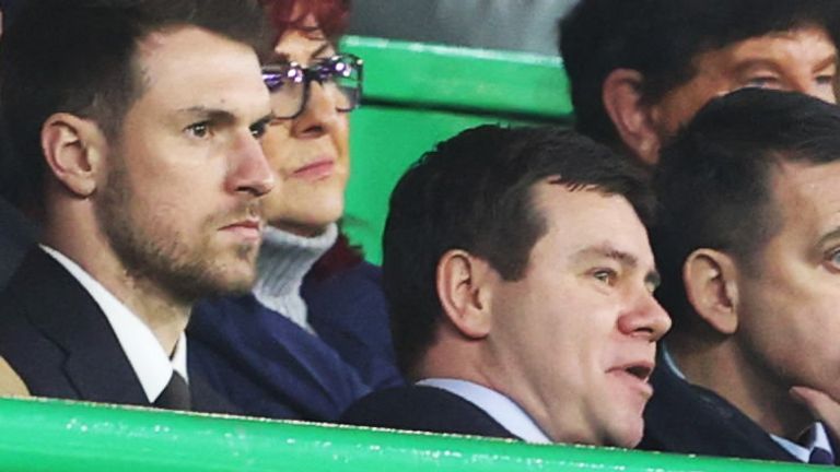 Rangers new signing Aaron Ramsey watched from the stand at Celtic Park 