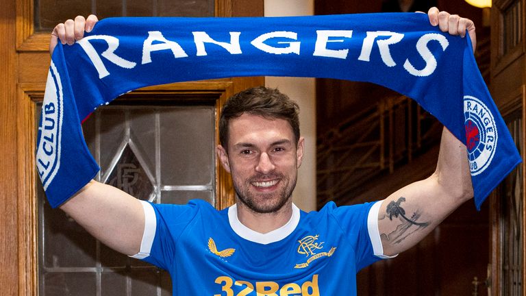 Aaron Ramsey is pictured at Ibrox Stadium after sealing a loan move to Rangers from Juventus