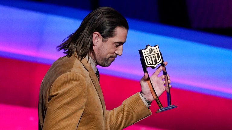 Aaron Rodgers of the walks off stage after recieving the AP Most Valuable Player of the Year Award at the NFL Honors show Thursday, Feb. 10, 2022, in Inglewood, Calif. (AP Photo/Mark J. Terrill)